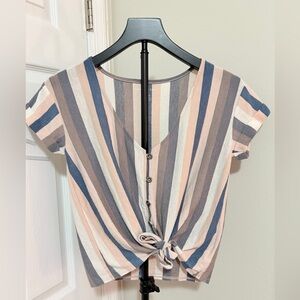 American Eagle Outfitters Striped Button-Front Knot Top - Peach, Blue, Gray